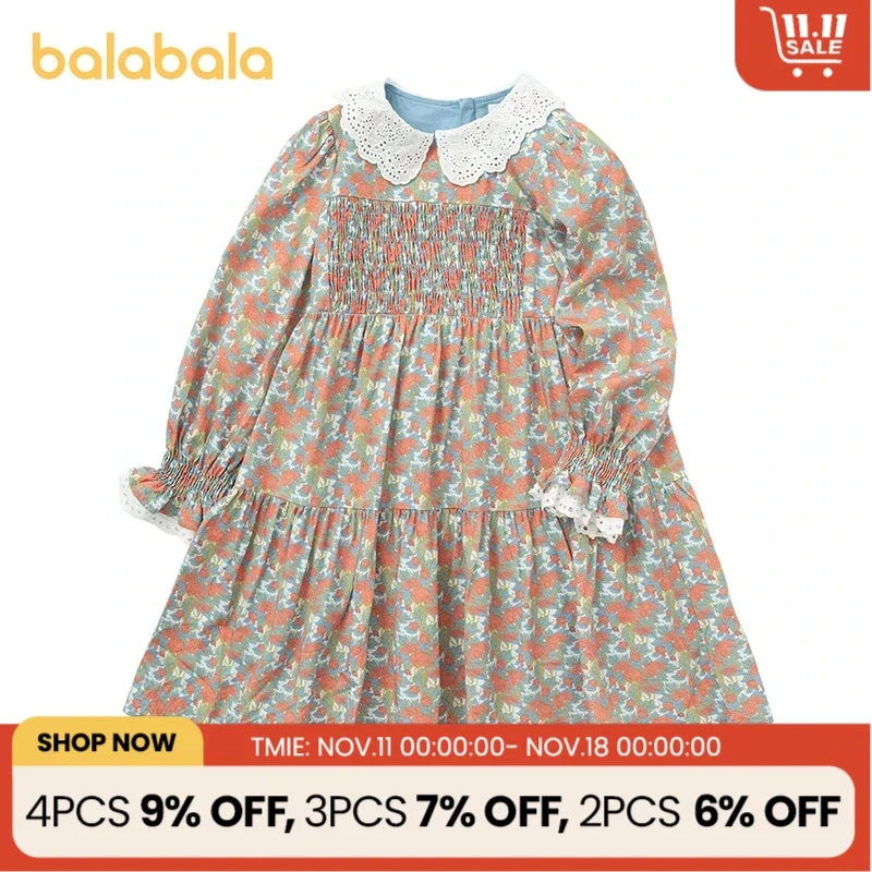 Balabala Children Dress Girls 2024 Spring Summer New Dresses Children Preteen Teenage Lace Collar Long-Sleeved Vintage Dresses