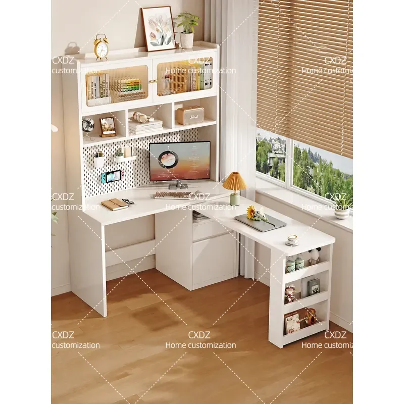 Corner Desk with Bookshelf Rotatable Computer Table for Small Apartment Bedroom Study Home Office Space Saving Furniture