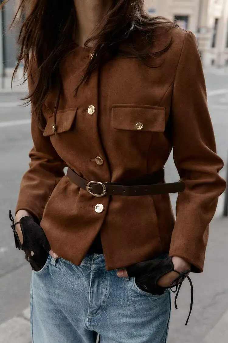 BB6932 Autumn/Winter 25 New Women's Fashion with Belt, Suede Texture Effect, Suit Coat, Temperament 8741260