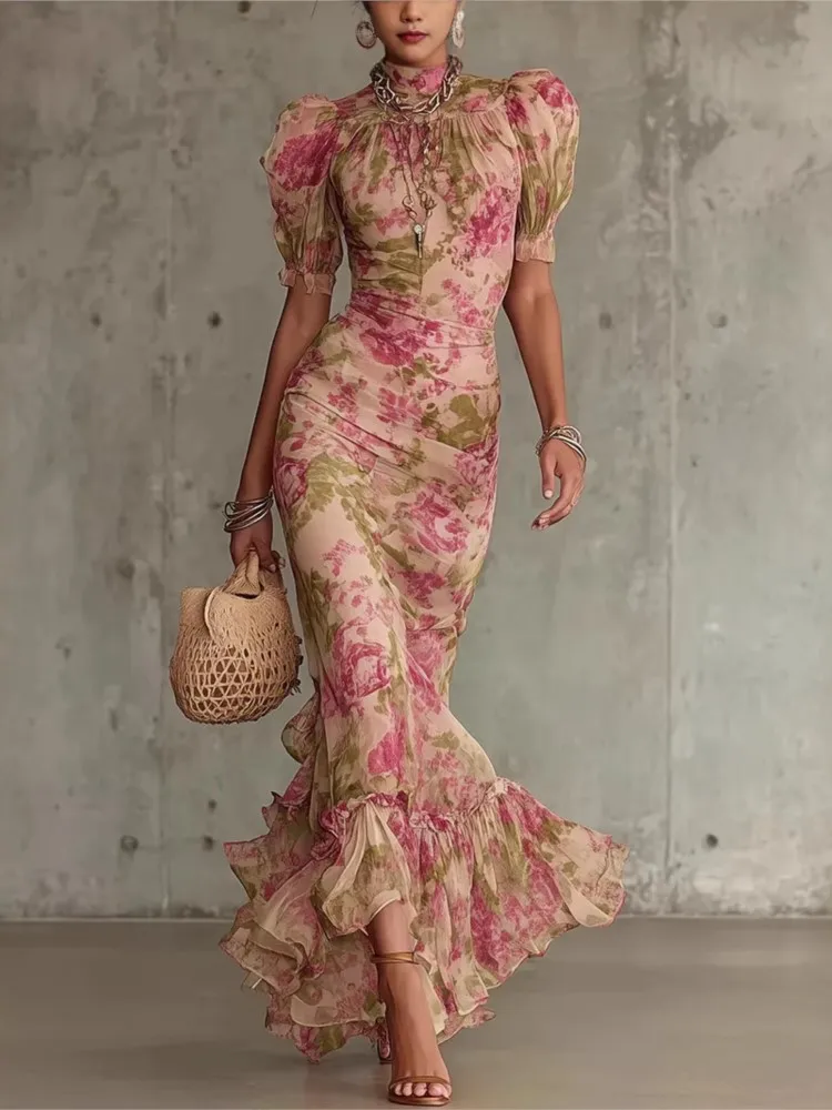 

Sexy Bodycon Floral Long Dresses For Women Summer 2026 Boho Fashion Short Sleeve O-neck Slim Maxi Dresses Elegant vestidos