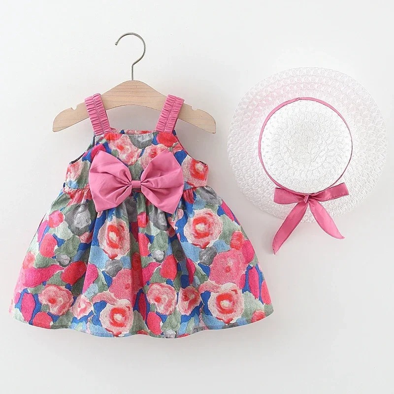 

2Piece Sets Summer Dress Infant Girl Clothes Korean Fashion Cute Bow Flowers Sleeveless Kids Dresses+Sunhat Baby Clothing BC2340