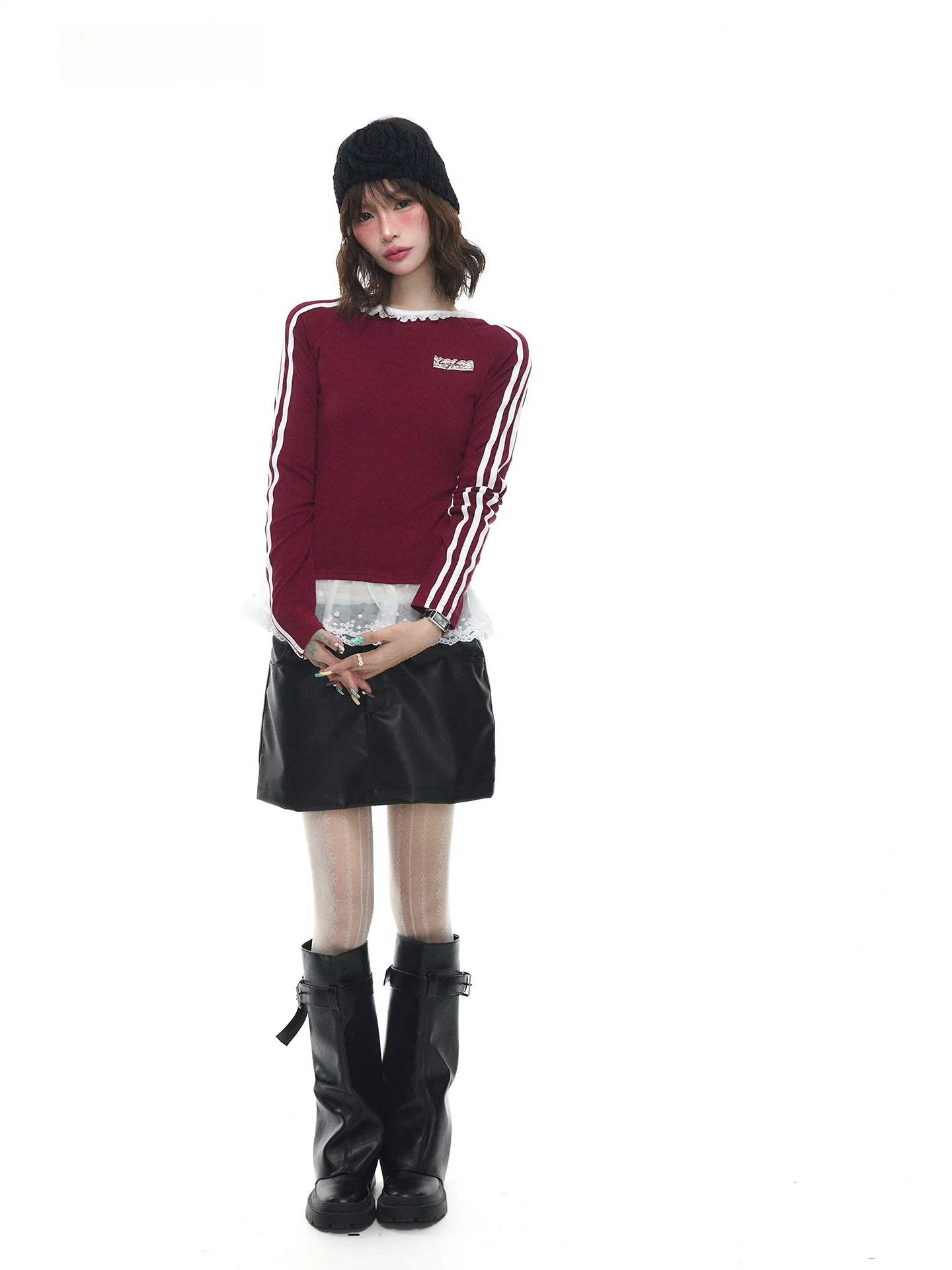 

ASTRSK Korean Sle Spor Long Sve Slim Fit T-irt Lace Trim Patchwork Stripes Base irt Weight Loss Effect Women's Top