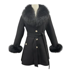 JANEFUR Winter Coat for Women Real Wool Cashmere Coat with Fox Fur Collar 2023 Elegant Luxury Medium Long Belted Woolen Jackets