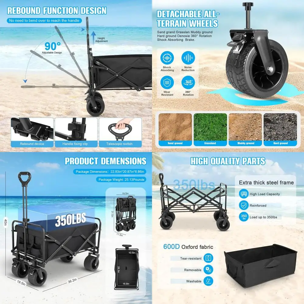 All-Terrain Foldable Wagon with Large Wheels, Utility Cart for Beach, Camping, and Outdoor Activities (Black)