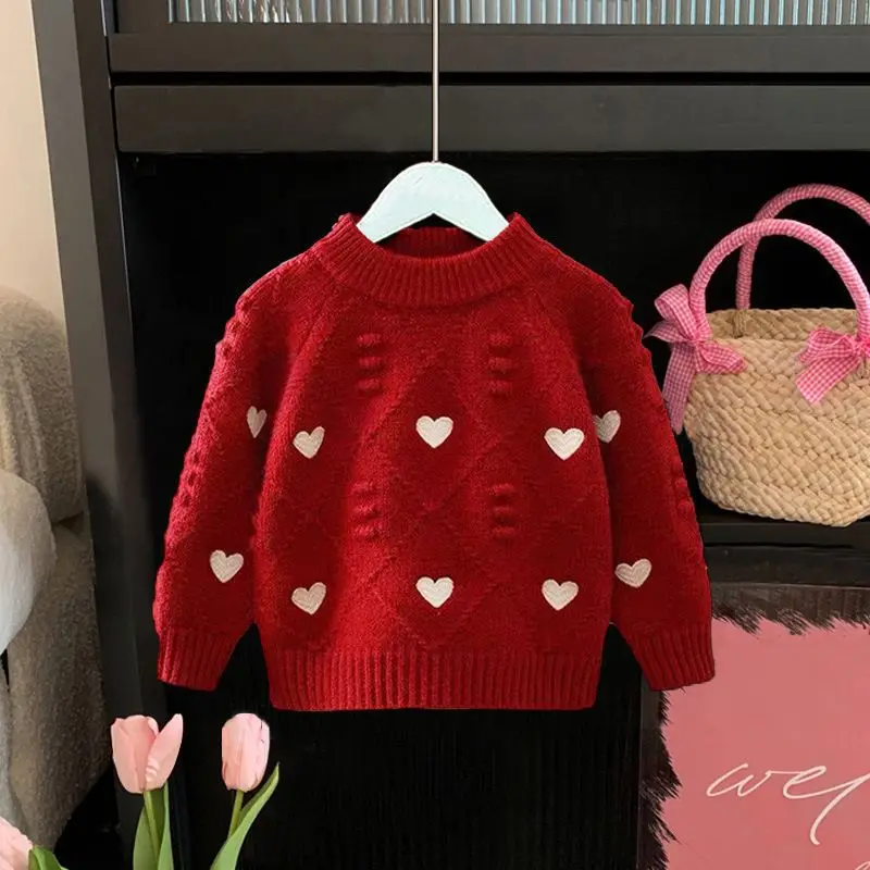 Maglione lavorato a maglia a cuore per ragazze primaverili e autunnali, moda invernale per bambini, top in lana per bambini carino e caldo, morbido e delicato sulla pelle