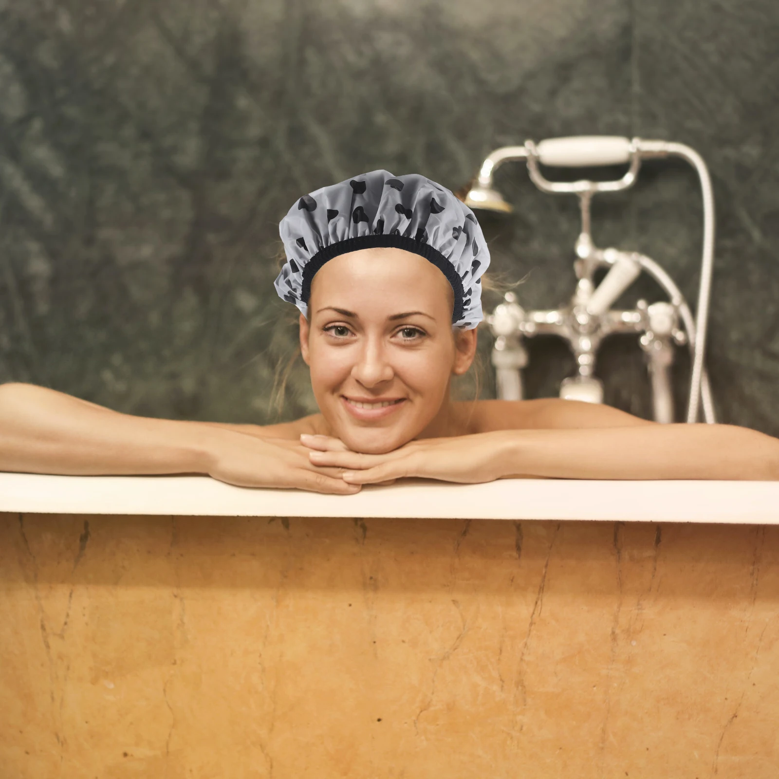 

Waterproof Shower Cap Double Layer Large Size Satin Bathing Hood for Women Purple Heart Print Reusable Long Hair Braids Cover