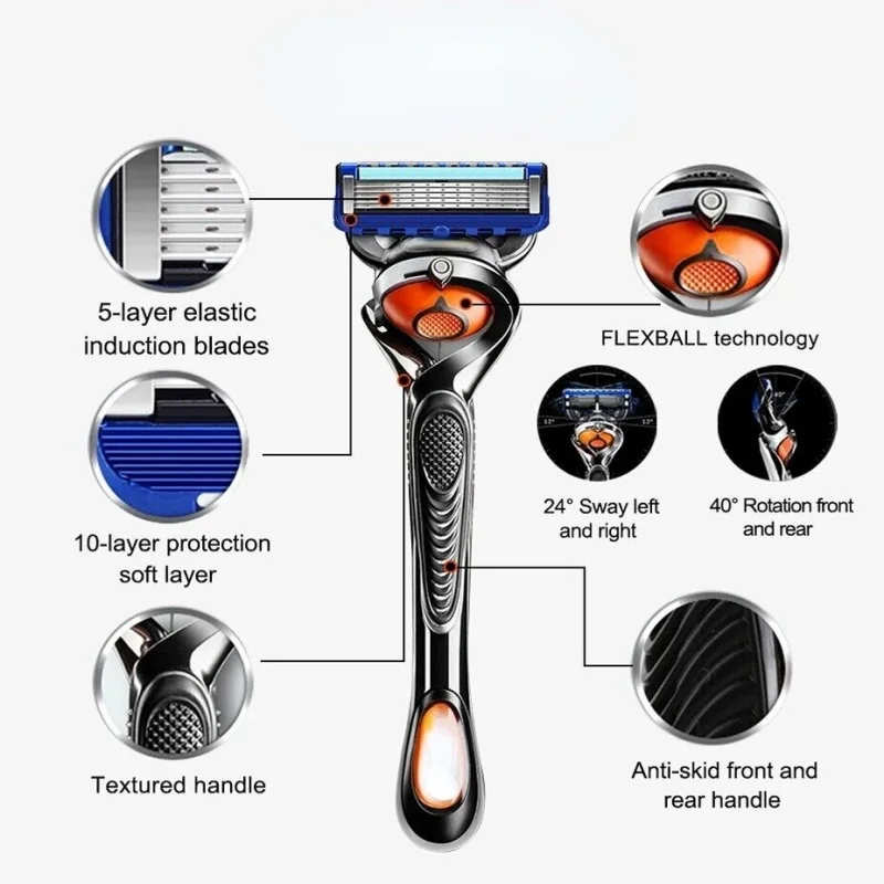 Retro-Edelstahl-Handrasierer mit 5-lagiger Rasierklinge, wiederverwendbares Nassrasierwerkzeug, kratzfestes Haarentfernungswerkzeug – Detail 4
