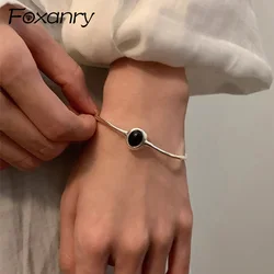 Foxanry Silver Color Ellipse Zircon Cuff Bracelet For Women Couples Minimalist Elegant Fashion Handmade Engagement Jewelry Gifts