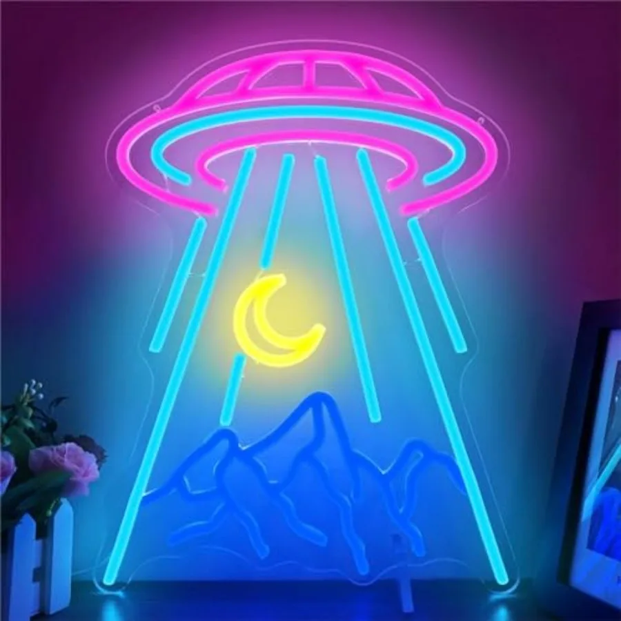 UFO Neon Sign for Wall Decor Alien Spaceship Mountain Neon Sign Dimmable Moon LED Neon Light Signs Light Up Sign for Bedroom Sp