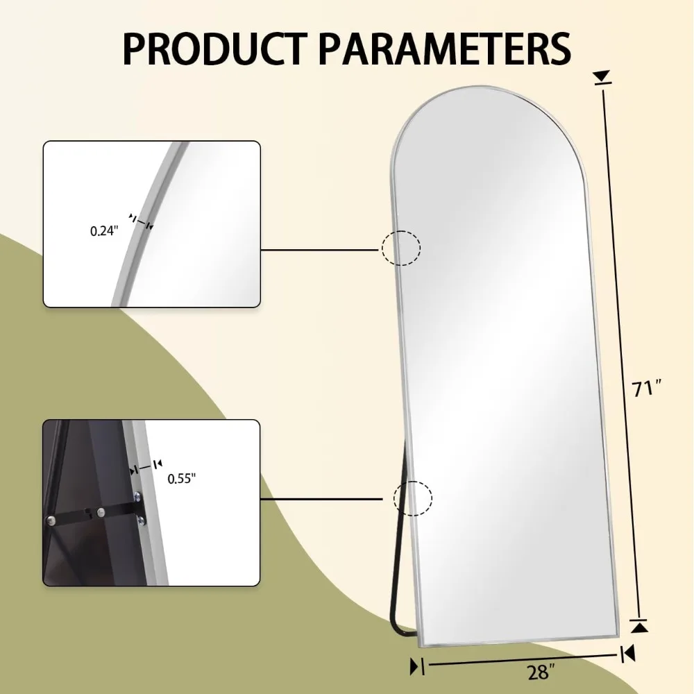 Espelho de chão de comprimento total com parte superior arqueada com suporte, espelho de parede inclinado ou pendurado para quarto, espelhos de arco grande para decoração de casa
