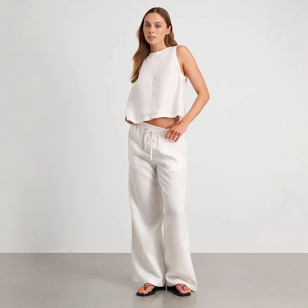 

Новинка 2026: Комплект из хлопка и льна – Женский повседневный костюм: топ без рукавов и брюки с широкими штанинами. Весенне-летний комплект.