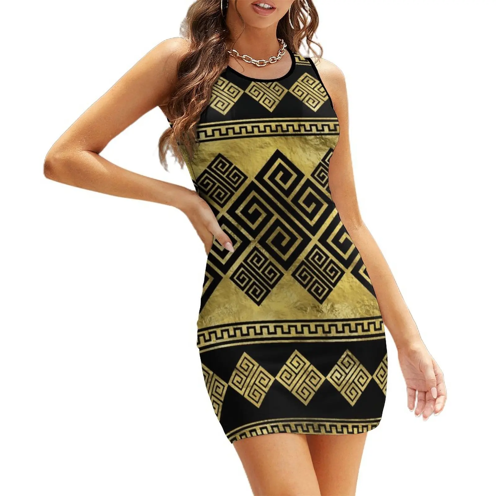 

Greek Meander - Greek Key Black and gold Sleeveless Sundress birthday dress for women Female dress woman dress party night