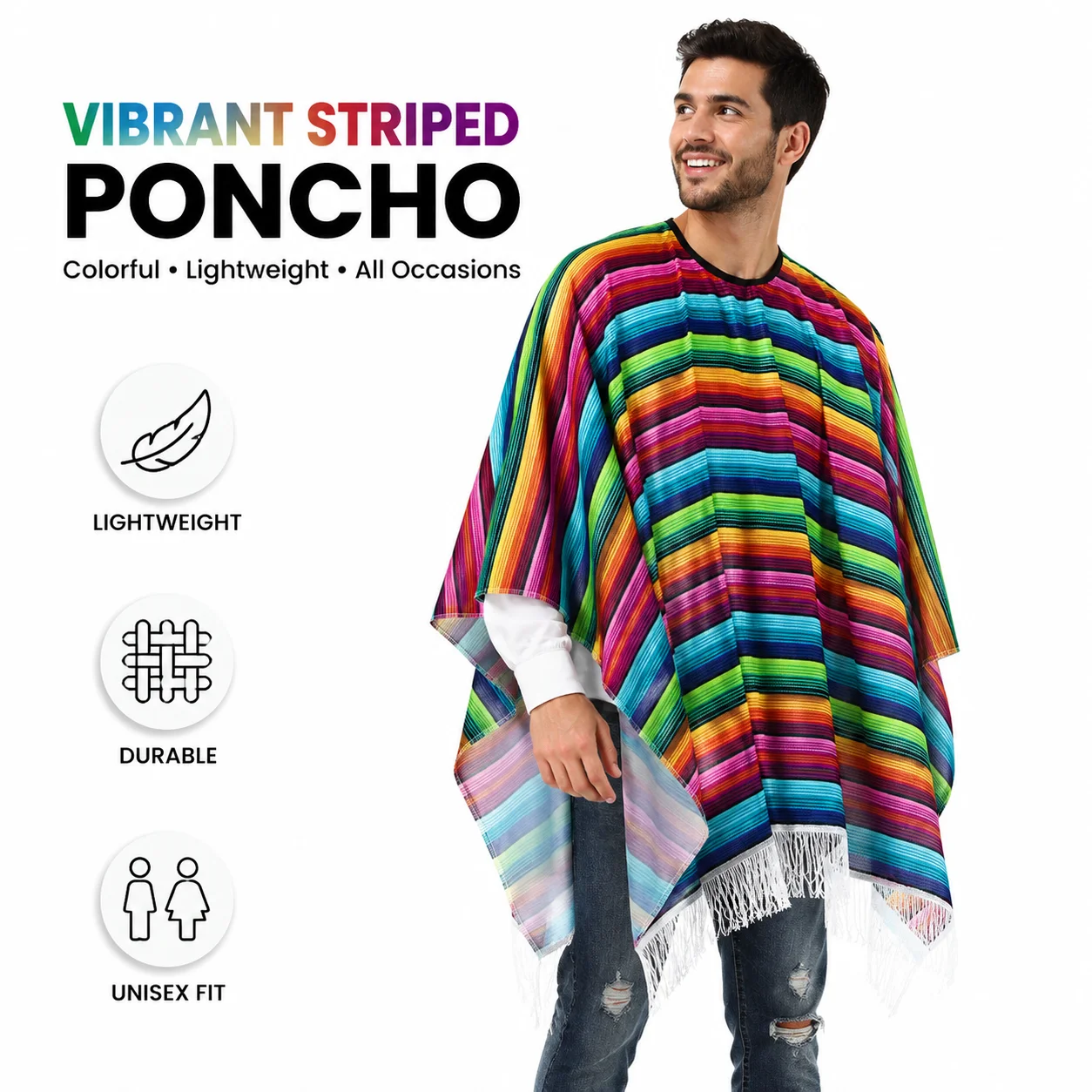 Unisex Mexican Poncho Cinco de Mayo Rainbow Striped Fringe Cape Fiesta Party Halloween Cosplay Costume Shawl for Men Women