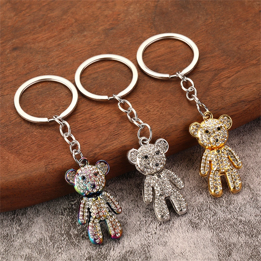 Mini Rhinestone Bear Keychain Cute Cartoon Animal Keyring for Women Men Car Key Holder Fashion Handbag Accessories Couple Gift