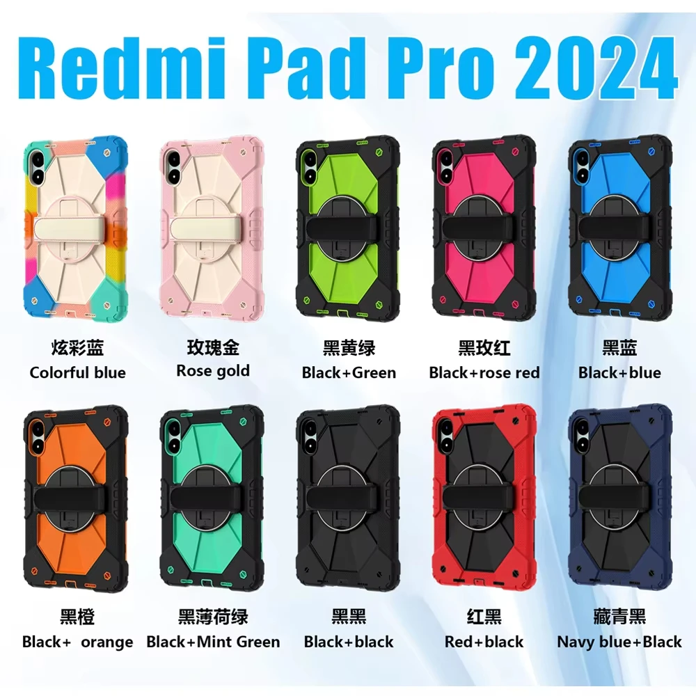 Para Redmi Pad Pro Xiaomi poco pad 12,1 "funda de silicona segura para niños + correa de hombro para PC soporte a prueba de golpes funda para tableta 360 ° Soporte con asa
