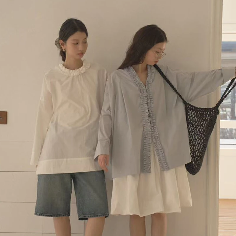 Camisa coreana de retales para mujer, Tops holgados elegantes de estilo pijo con cuello de pico, blusa informal de moda que combina con todo, novedad de verano Harajuku