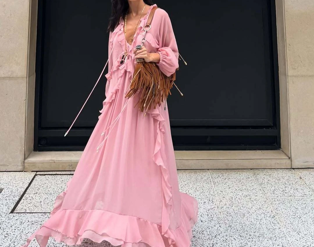 

2026 Spring and Summer New Women's Clothing Laminated Decorative V-neck Dress