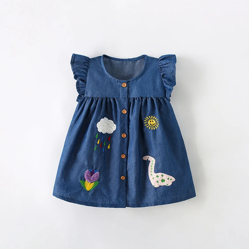 Little maven 2024 Summer Baby Girls Embroidery Dinosaurs Dress Children\'s Clothing Denim Skirt Vestidos for Kids Clothes