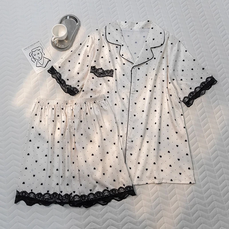 

Элегантная черная кружевная женская пижама с цветочными боками корейская мода модная трендовая Черная Женская домашняя одежда с любовью Новинка 2024 короткая Пижама Y2k