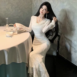New French Style Gentle and Feminine Long-sleeved Slender Collar Slim-fitting Long Fishtail Elegant Hip-hugging Dress