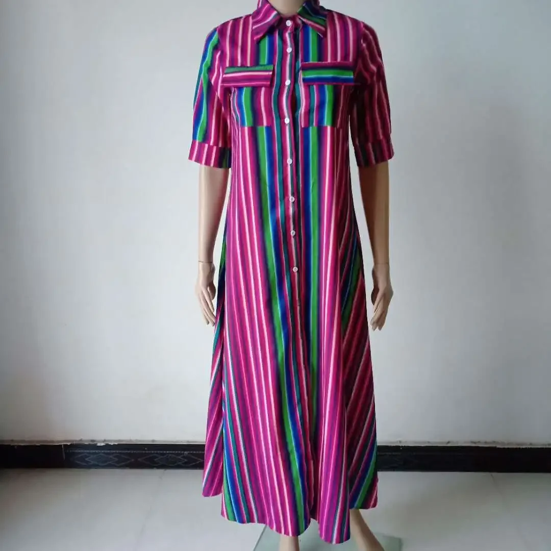 Women's Shirt Long Dress Large Striped Long Skirt Bohemian Style Beach Resort Dress for Women Short Sleeved One-piece Dress