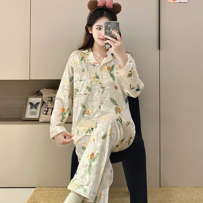 

Pajama Sets Moon Women Winter Silk Checkered Sleep Set Night Wrinkle Free Round Neck Long Sleeved Ankle Length Warm Heavyweight