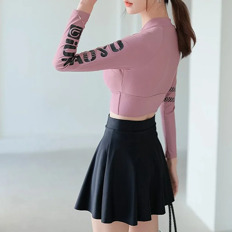 2023 Sporty Stand Neck Zipper Long Sleeved Sun Protection High Waisted Short Skirt Hot Spring Beach Split Conservative Swimsuit