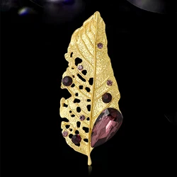 New Enamel Leaf Pins for Women Unisex Rhinestone Plant Brooches Glass Leaves Lapel Pins Office Party Friend Gifts Accessories
