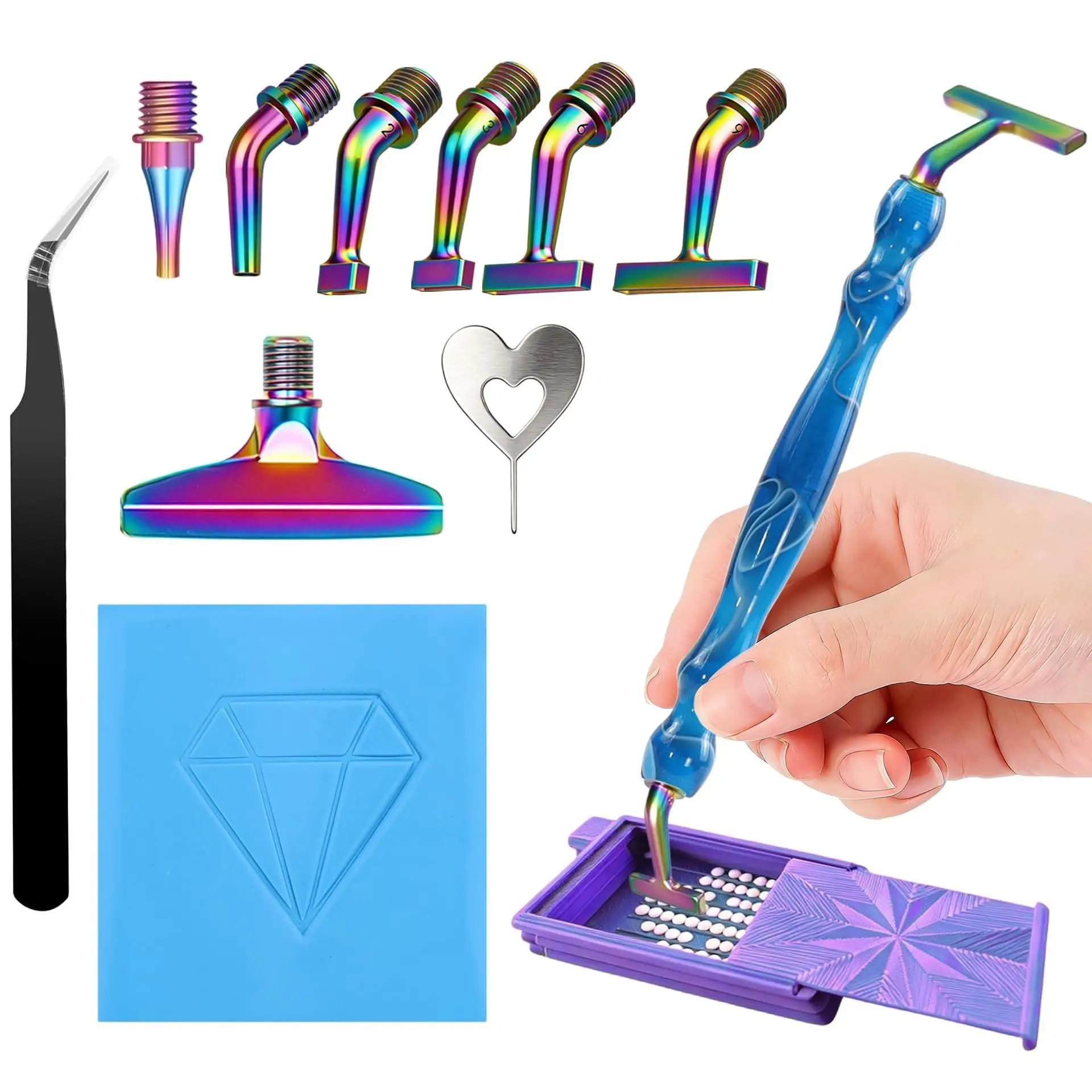 Pattern Dotting Pen Tool Set, Includes Threaded Metal Multi-Drill Bits (1/2/3/6/9 Bits), Single-Head Pen, Correction Pen Tip, Dotting Film, Covered Diamond Painting Tray, and Tweezers
