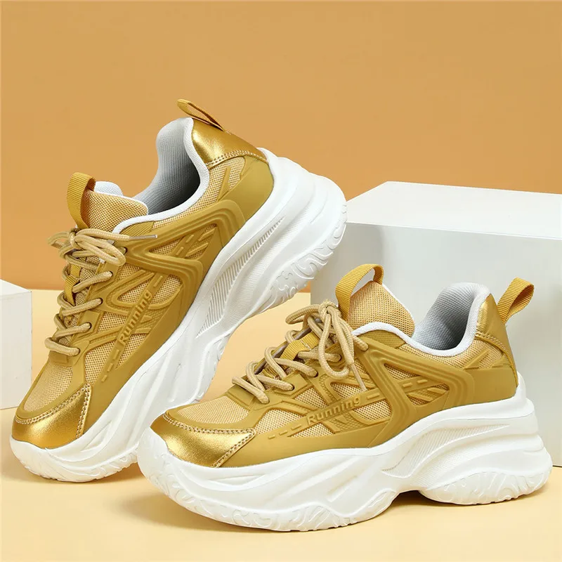 

Trendy Gold Height Increasing Shoes Women Summer Breathable Designer Clunky Sneakers Men Fashion Casual Platform Men's Sneakers