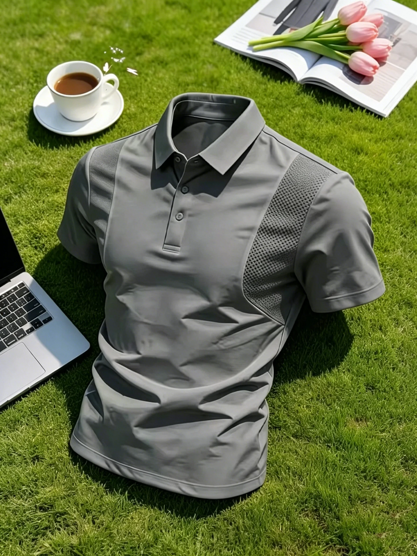 Quick Dry Short Sleeve  Shirt Men's Style Summer Slim Fit Collar Flip American Deconstruction Shoulder T-Shirt Mesh Patch...