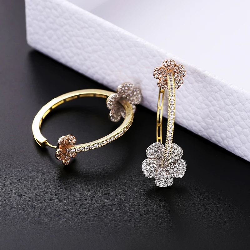 SENYU Luxury Flower Earrings for Women Color Zircon Round Hoop Earrings Gold Plating Hot Jewelry Wholesale Brazil Spain