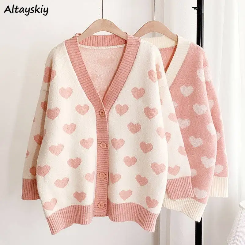 

Sweet Heart Cardigan Women V-neck Long Sleeve Loose Spring Casual Preppy Style Students Kawaii Girlish Korean Fashion Harajuku