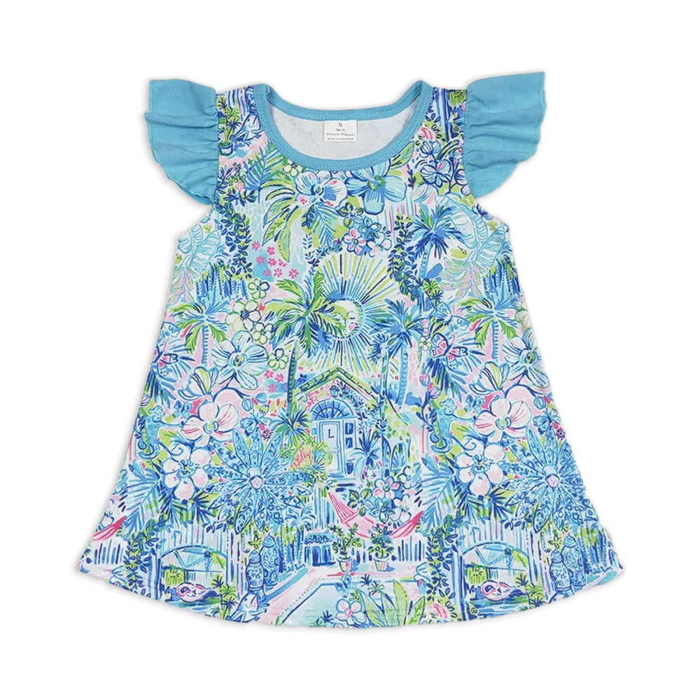 

GT0562Baby Girls Summer Tops Flutter sleeves blue watercolor floral girls shirt