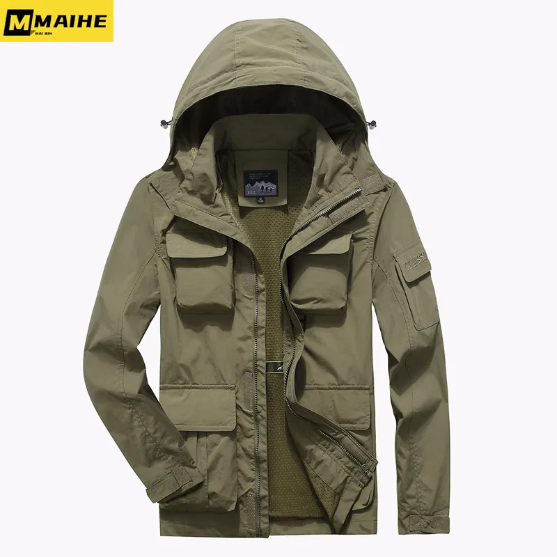 WorkDetachable Windbreaker Men's Autumn Vintage Waterproof Multi-Pocket Hooded Cargo Work Coat Wear-resistant Work Men's Jacket