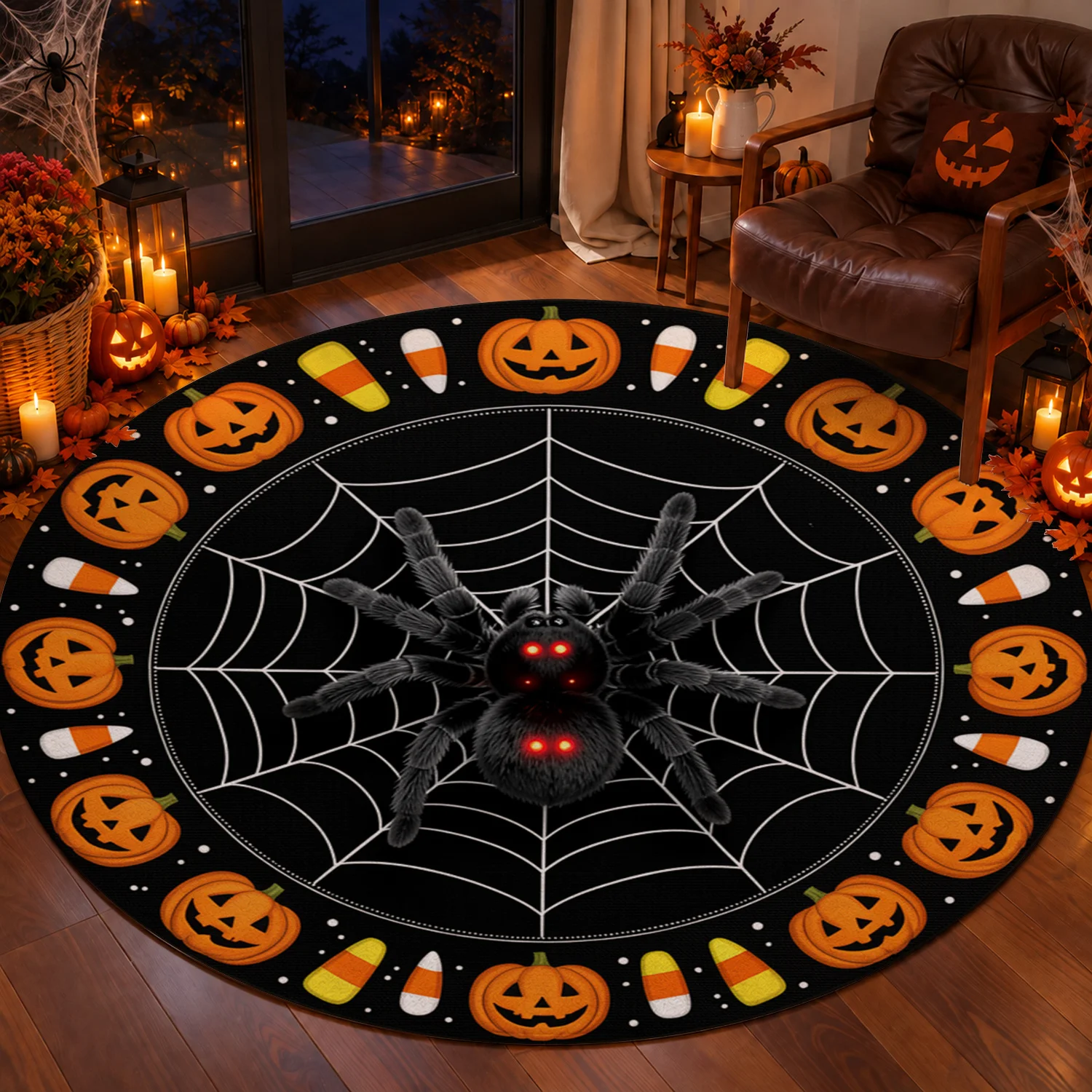 Halloween Pumpkin Spider Web Pattern Round Velvet Rug, Machine Washable, Stays Firmly In Position, Ideal for Living Room, Bedroom, Entryway, Dining Room, Perfect for Halloween, Thanksgiving, Christmas, New Year, Black Friday, Cyber Monday Decor