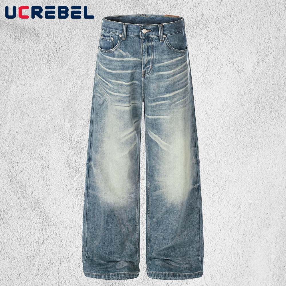 

Retro Baggy Jeans Mens Pocket High Street Washed Distressed Straight Wide leg Denim Pants Man