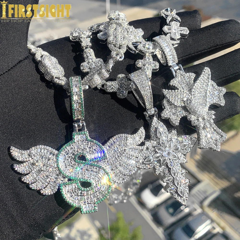 Iced Out Bling Wing Pendant Necklace Gold Color CZ Cubic Zirconia Letter Dollar Symbol Money Charm Men Women Hip Hop Jewelry