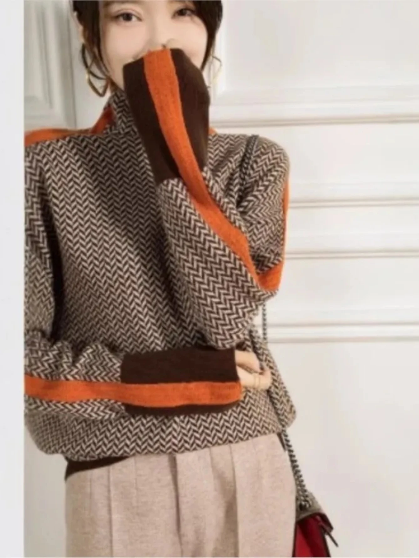 

Водолазка контрастного цвета с длинными рукавами, женский осенне-зимний свободный пуловер, женские пуловеры