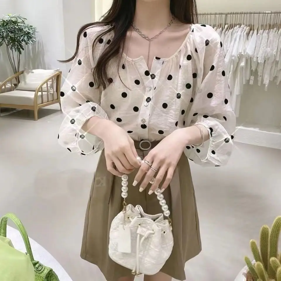 Polka Dot Long Sleeved Top for Spring and Autumn New Style Round Neck Collarbone Exposed Shirt for Women Loose and Breathable