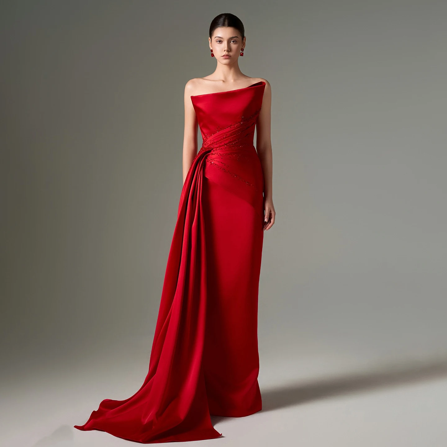 Sharon Said Dubai Elegant Red Strapless Evening Dress with Overskirt Crystal for Women Wedding Formal Gown SF514 Customized