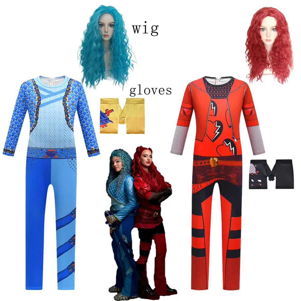 Kids Halloween Costume for Girls The Rise of Red Jumpsuits+wig D-Descendants 4 Red and Chloe Cosplay Costume Children Party Suit