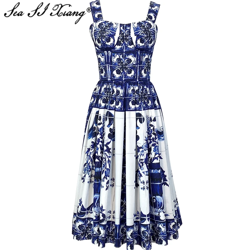 

Seasixiang Fashion Designer Spring Cotton Backless Dress Women Spaghetti Strap Blue Floral Print Vintage Party Short Dresses