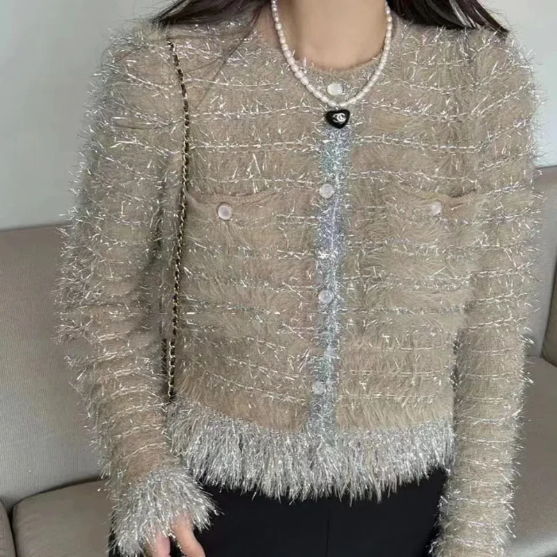 

Сверкающий свитер с кисточками для женщин Fashion Sense в сочетании с высококачественным плюшевым вязаным жакетом-кардиганом с круглым вырезом