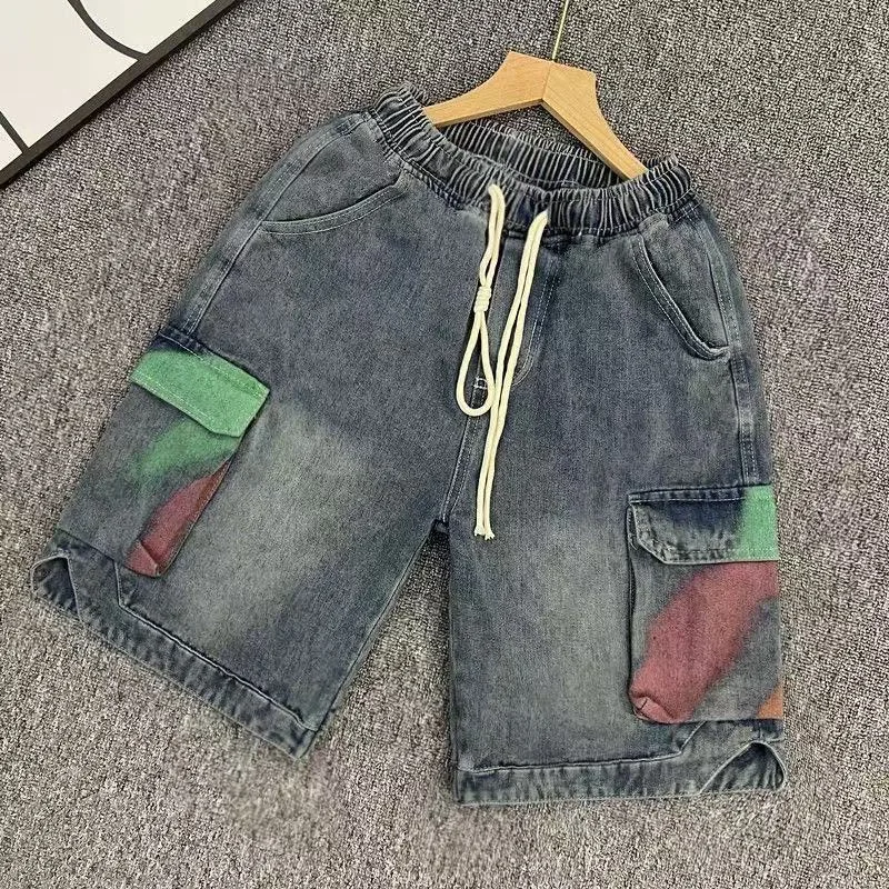 

High Street Graffiti Printed Men's Denim Shorts Loose Drawstring Multi Pocket Cargo Jeans Summer Fashion Handsome Short Pants