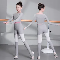 Leotardo de gimnasia de Ballet para niña, suéter de baile de manga larga con hombros descubiertos, Top + Pantalones cortos + rodilleras, ropa de Ballet envolvente