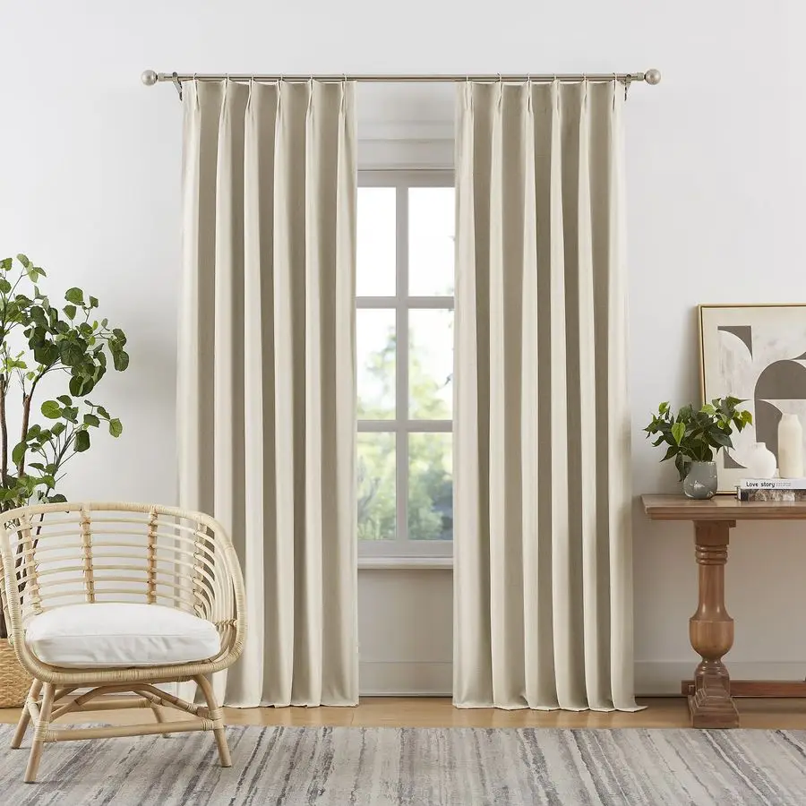 

Natural Pinch Pleat Curtains Blackout 90 Inch Long,Cream Beige Thermal Soundproof Country Linen Curtains for Living Room Track S