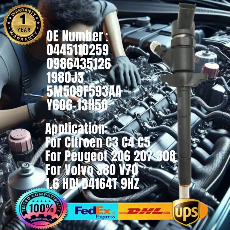 0445110259 0986435126 1980J3 5M5Q9F593AA Y606-13H50 Fuel Injector for Citroen C3 C4 C5 Peugeot 206 207 Mazda 3 1.6 HDi Engine