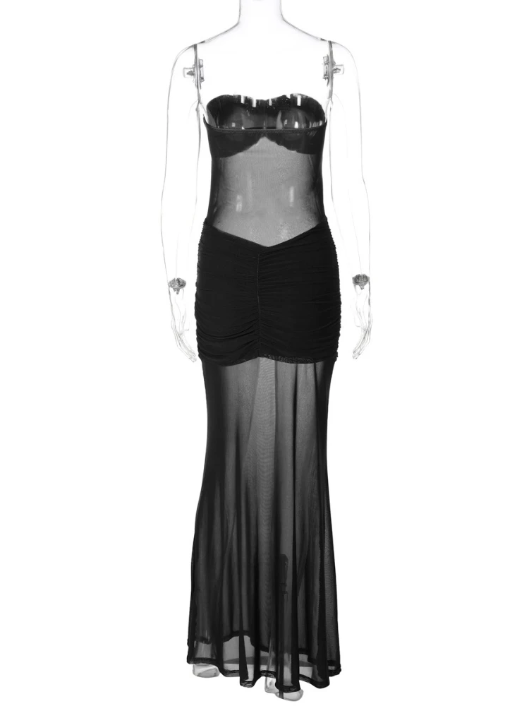 FDYOUI 女性服メッシュロングマキシドレスレディースセクシーなストラップレス背中の開いたボディコンシースルーイブニングドレスパーティークラブウェア