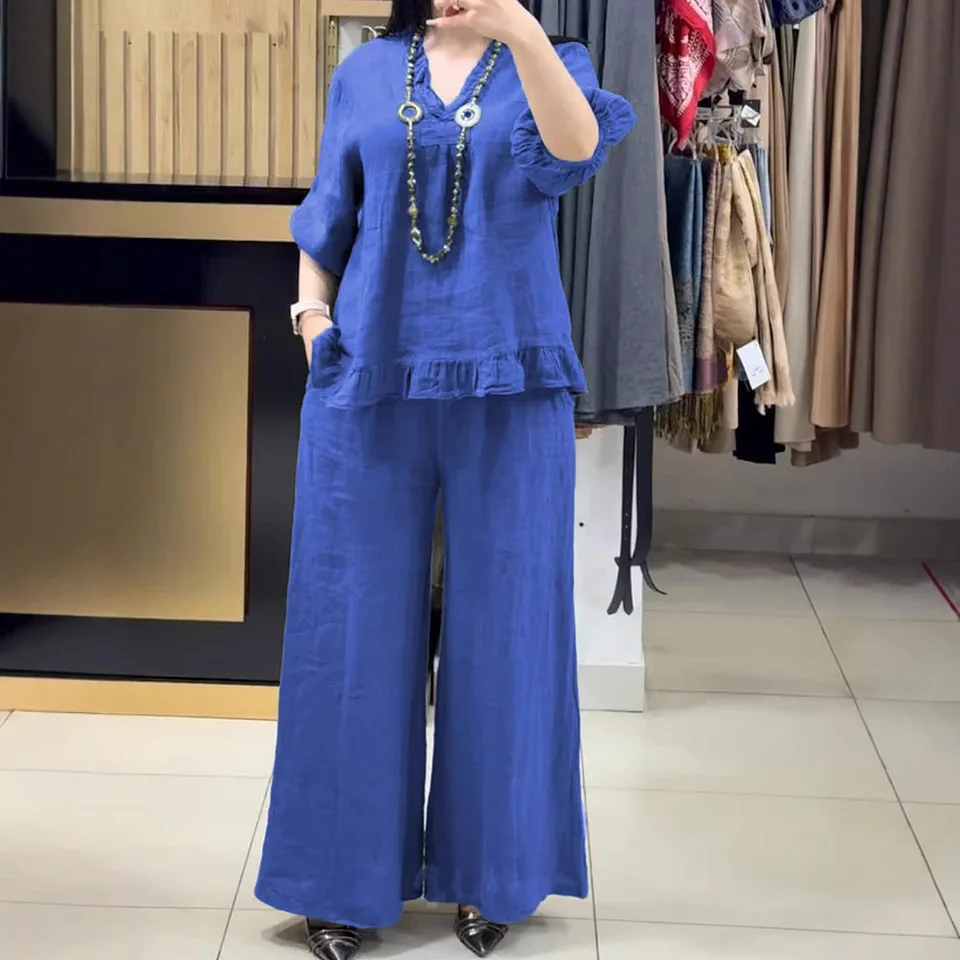 

2025 Women's New Fashion Casual Wide Set Solid Color V-neck Loose Short Sleeve Large Size Set for Women
